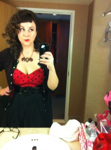 Mugging it up in my Deadly Dames Vamp Top, El Dorado Club Filigree Bat Necklace, and great hair and makeup by Rosetta Garcia