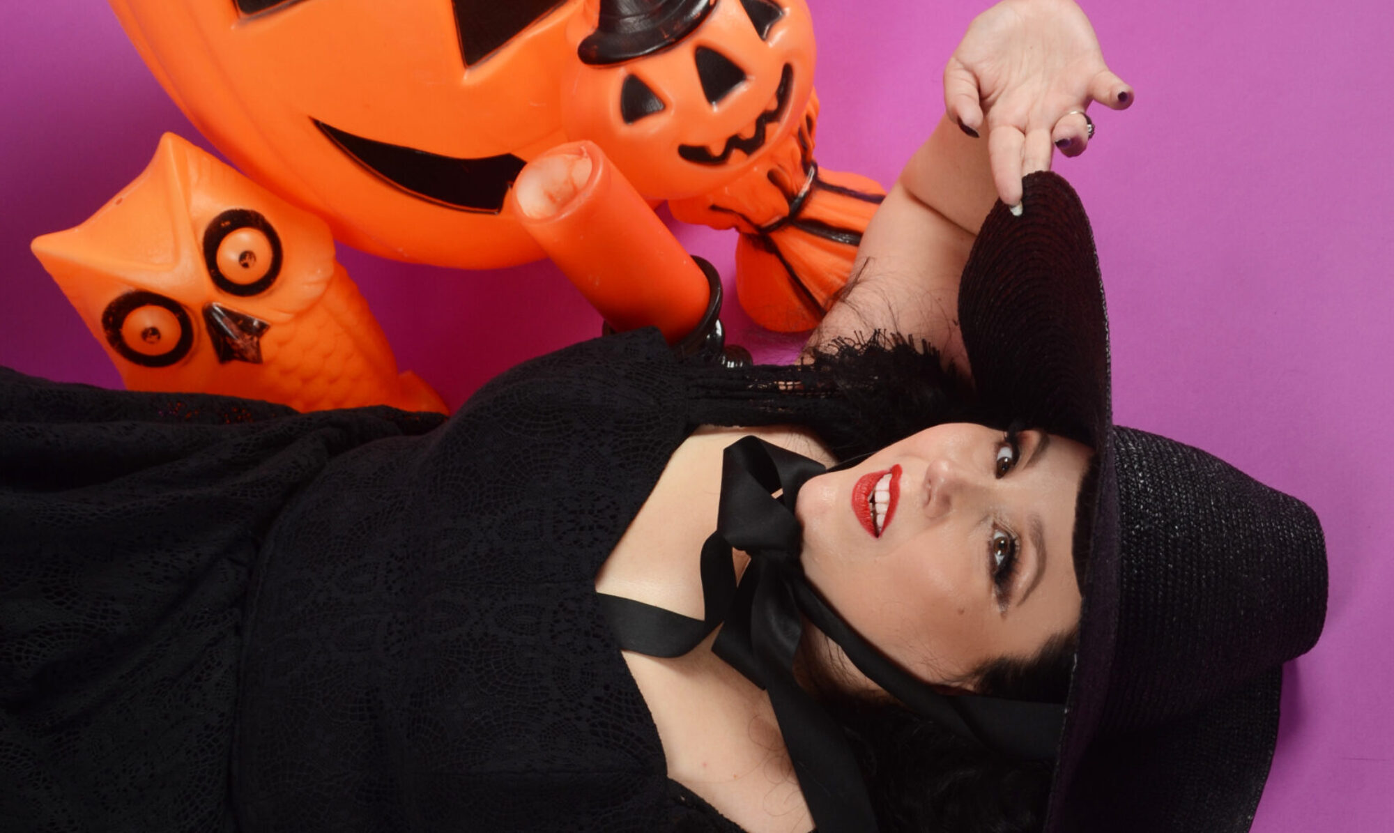 Witch with vintage Halloween blowmolds, by Missy
